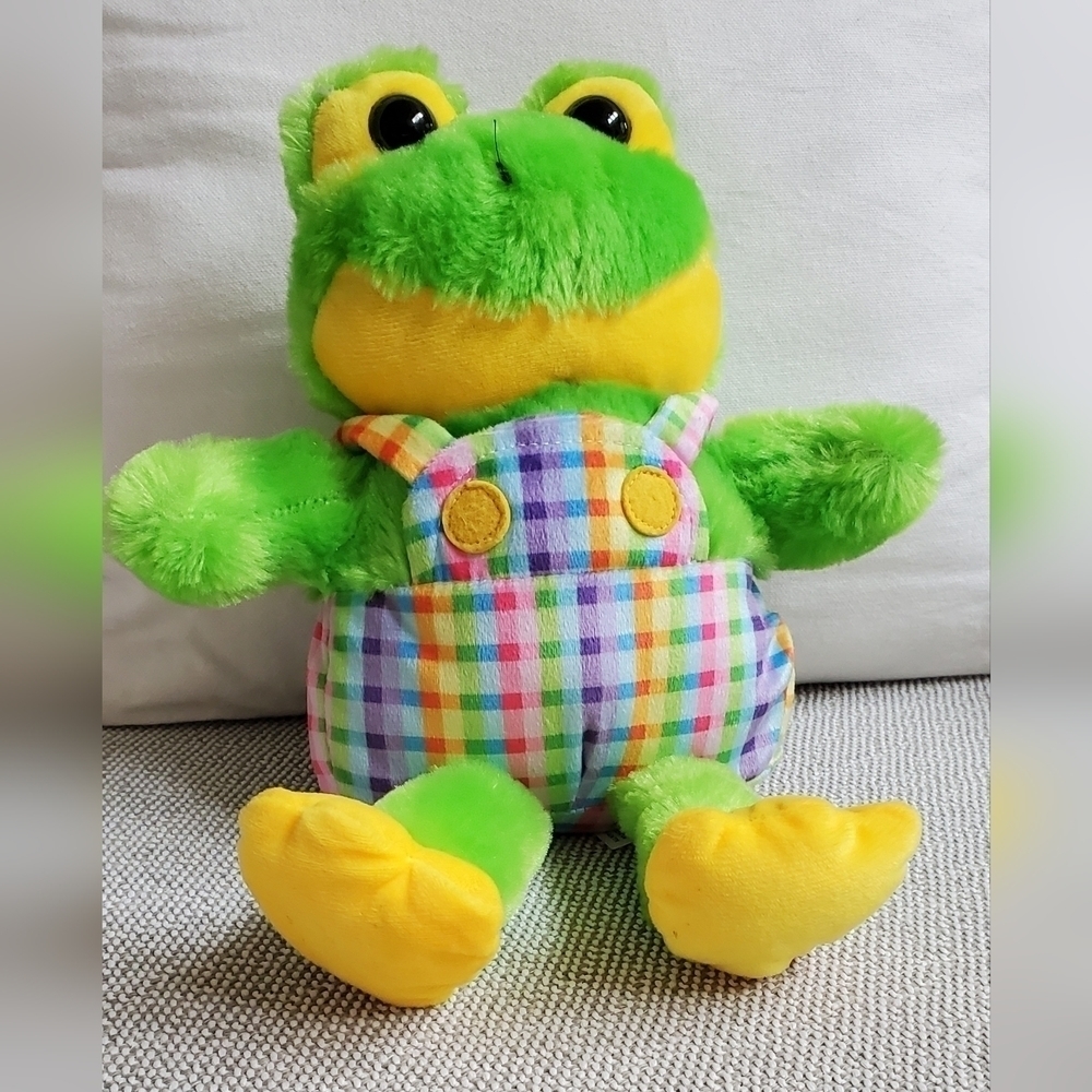Hug & Luv  Frog Plush With Bright Plaid Overalls 13"